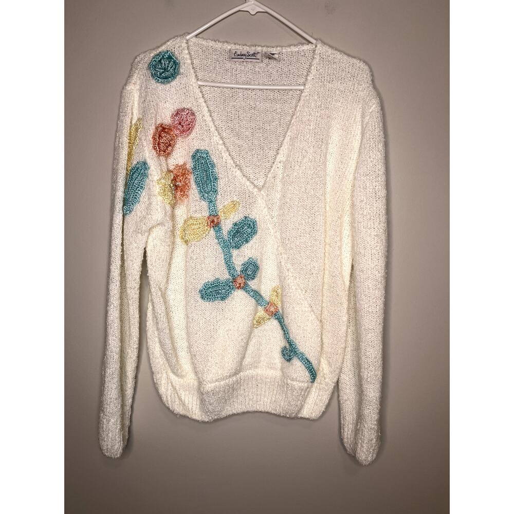 1980s Lindsay Scott Pastel Floral 3D Pearl Coquette Feminine Cottage Sweater XL
